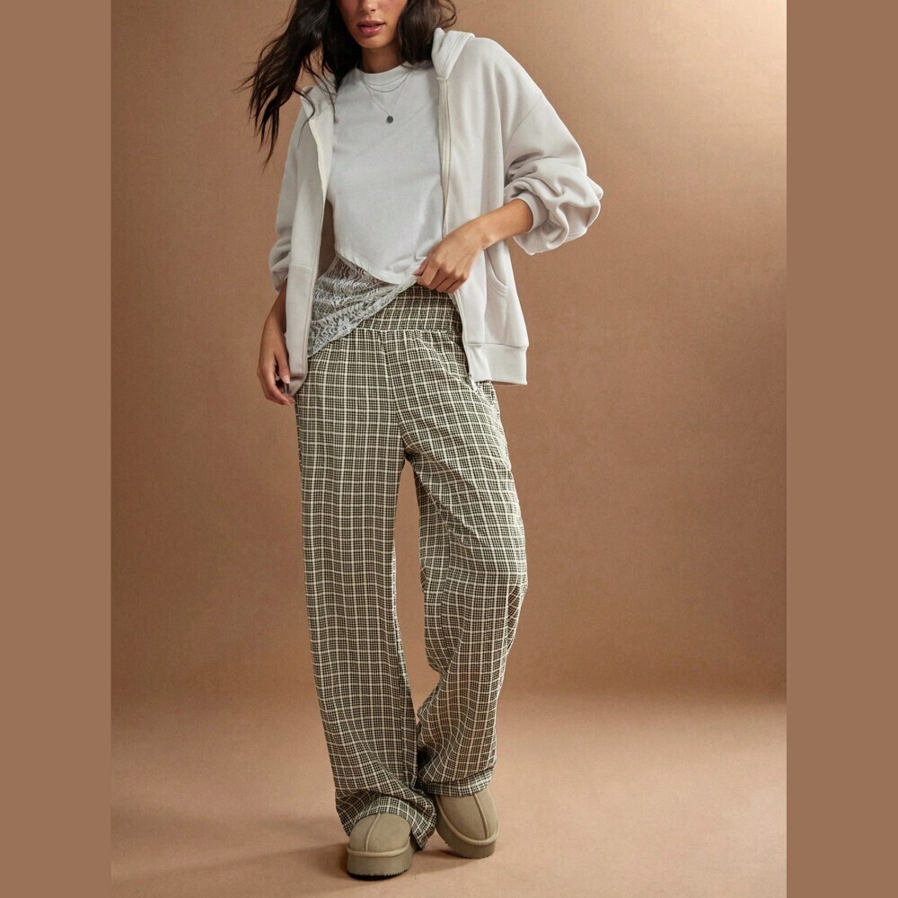 Tan Plaid Woven Smocked Waist Extra Long Wide Leg Pants
